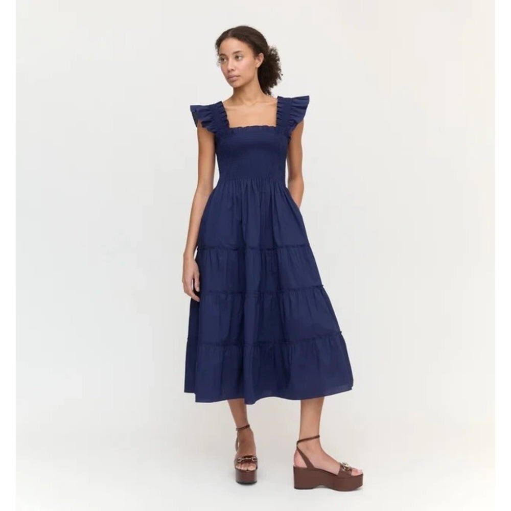 Hill House Smocked Tiered Ellie Nap Dress In Navy Poplin Women's Size 2XL